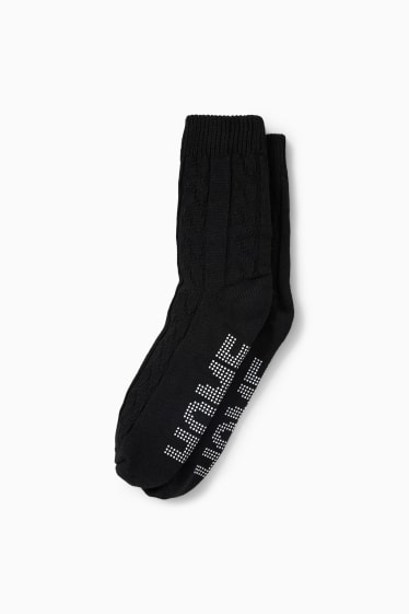 Men - Non-slip socks - cable knit pattern - black