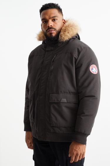 Hommes - Veste avec capuche et garniture en imitation fourrure - noir