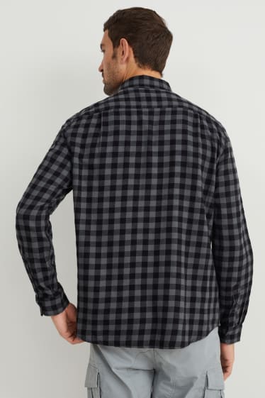 Heren - Flanellen overhemd - regular fit - kent - geruit - zwart
