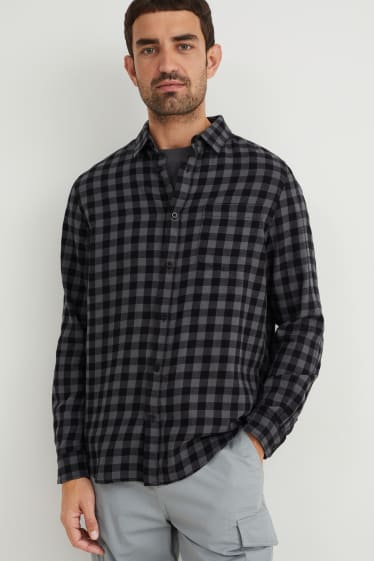 Men - Flannel shirt - regular fit - Kent collar - check - black