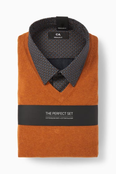 Home - Jersei de punt fi i camisa - regular fit - coll kent - marró clar