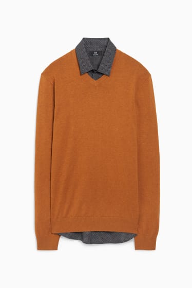 Home - Jersei de punt fi i camisa - regular fit - coll kent - marró clar