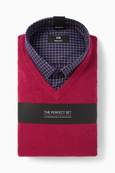 Hommes - Pull en fine maille et chemise - regular fit - col button down - rose foncé