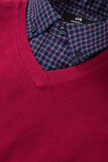 Bărbați - Pulover din tricot fin și cămașă - regular fit - guler cu nasturi - roz închis