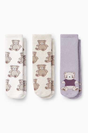 Babies - Multipack of 3 - teddy bear - baby non-slip socks with motif - light beige