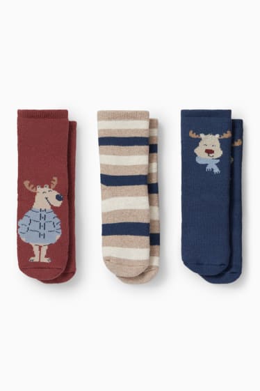 Bebés niños - Pack de 3 - alce - calcetines antideslizantes con dibujo para bebé - azul oscuro