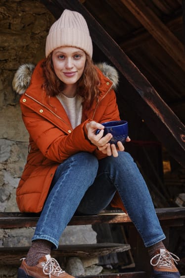 Women - Quilted jacket with hood and faux fur trim - dark orange