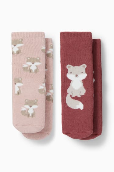 Neonati - Confezione da 2 - calzini antiscivolo neonati - motivo volpe - rosa scuro
