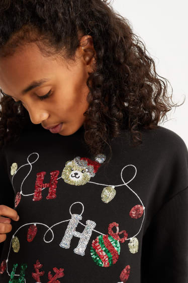 Kinder Mädchen - HoHoHo - Weihnachts-Hoodie - Glanz-Effekt - schwarz