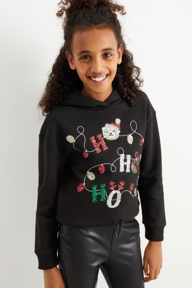Kinder Mädchen - HoHoHo - Weihnachts-Hoodie - Glanz-Effekt - schwarz