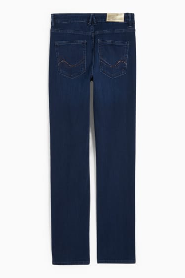 Dámské - Straight jeans se štrasovými kamínky - mid waist - LYCRA® - džíny - tmavomodré