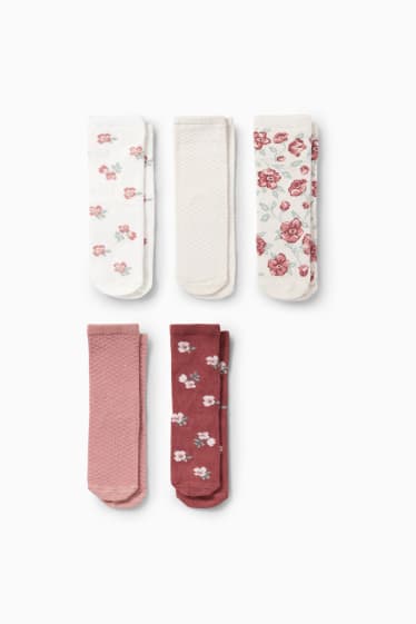 Baby: meisjes - Set van 5 paar - bloemetjes - babysokken met motief - donker rose