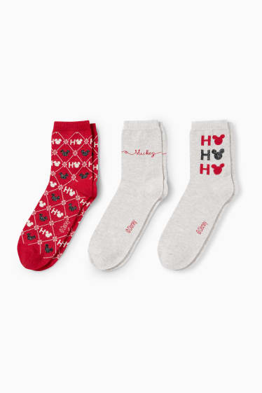 Femmes - Lot de 3 - chaussettes de Noël à motif - Mickey Mouse - rouge foncé