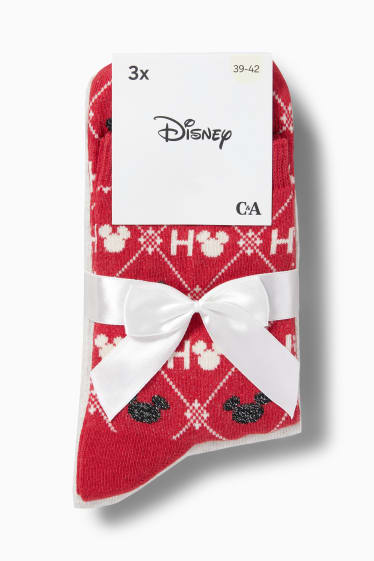 Femmes - Lot de 3 - chaussettes de Noël à motif - Mickey Mouse - rouge foncé