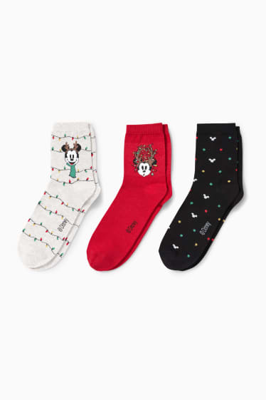 Dames - Set van 3 paar - sokken voor de kerst, met motief - Mickey Mouse - donkerrood