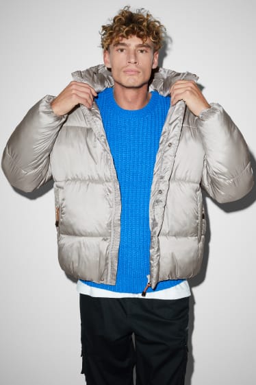 Men - Quilted jacket with hood - silver