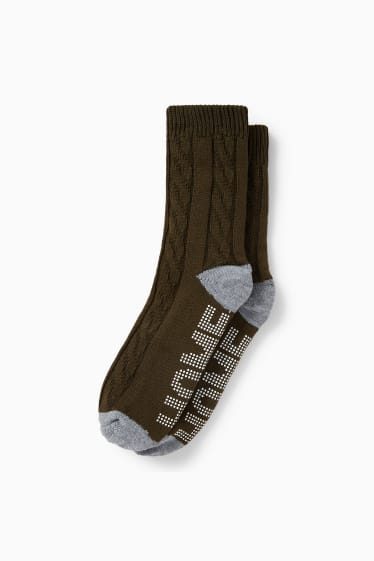 Men - Non-slip socks - cable knit pattern - khaki