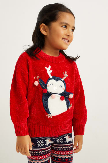 Kinder Mädchen - Chenille-Weihnachtspullover - Pinguin - rot
