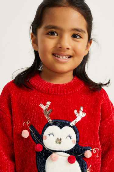 Kinder Mädchen - Chenille-Weihnachtspullover - Pinguin - rot
