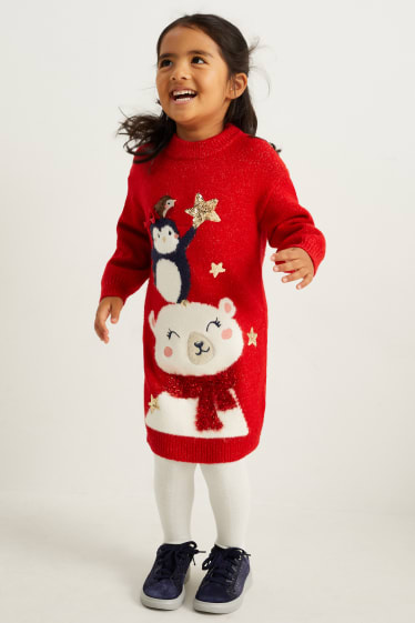 Kinder Mädchen - Tiere - Set - Weihnachts-Strickkleid und Strumpfhose - rot