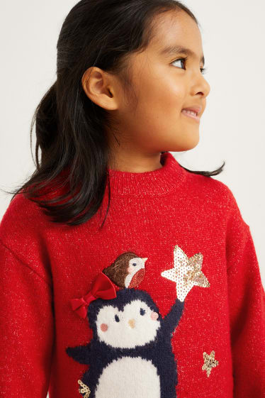 Kinder Mädchen - Tiere - Set - Weihnachts-Strickkleid und Strumpfhose - rot
