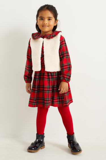Bambini - Set - vestito, gilet in pelo teddy e calzamaglia - 3 pezzi - rosso scuro