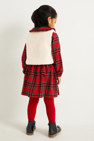 Children - Set - dress, teddy fur waistcoat and tights - 3 piece - dark red