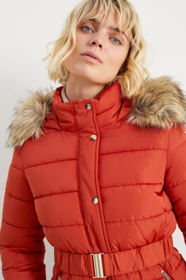 Women - Quilted jacket with hood and faux fur trim - dark orange