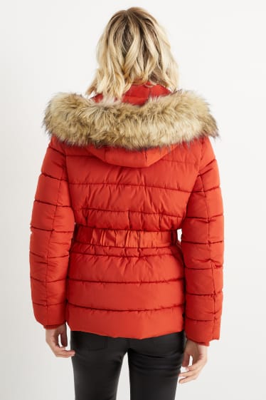 Women - Quilted jacket with hood and faux fur trim - dark orange