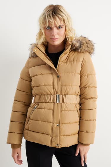 Damen - Steppjacke mit Kapuze und Kunstfellbesatz - hellbraun
