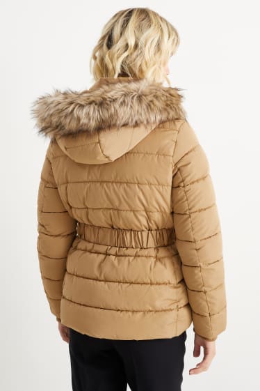 Damen - Steppjacke mit Kapuze und Kunstfellbesatz - hellbraun