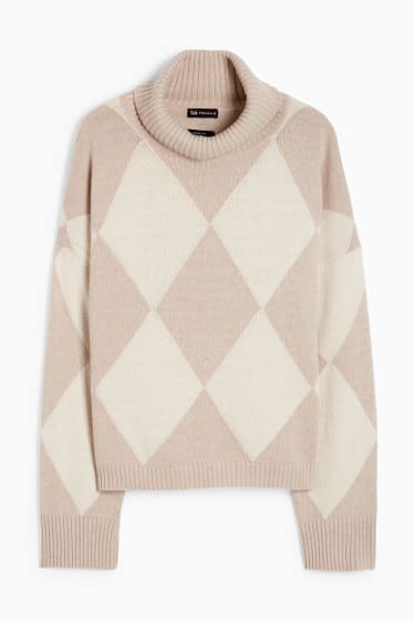 Femmes - Pull à col roulé en cachemire mélangé - à carreaux - beige