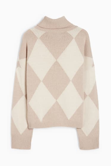 Femmes - Pull à col roulé en cachemire mélangé - à carreaux - beige