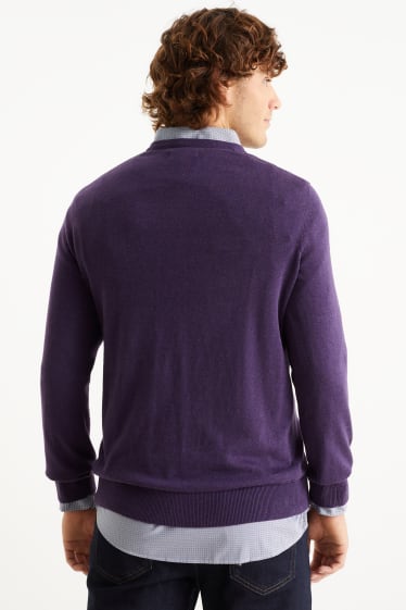 Hommes - Pull en maille fine et chemise - regular fit - col kent - violet