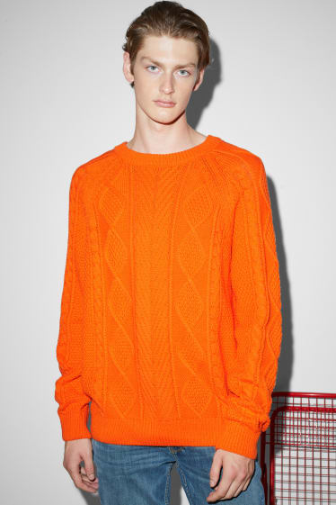 Hommes - Pull - motif tressé - orange foncé