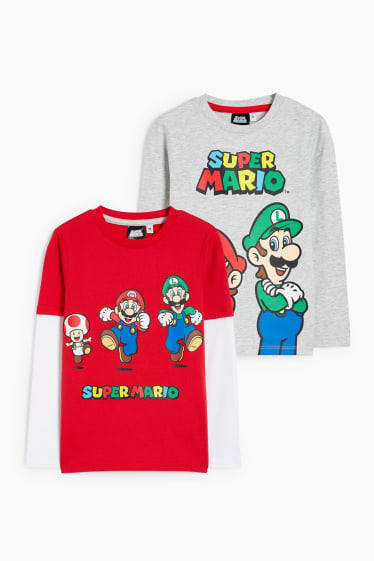 Bambini - Confezione da 2 - Super Mario - maglia a maniche lunghe - rosso / grigio