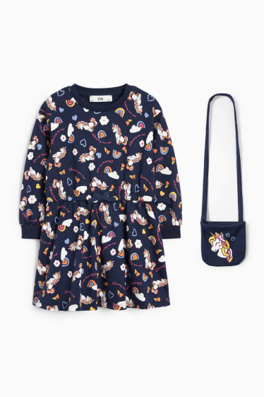 Kinderen: meisjes - Eenhoorn - set - sweatjurk en tasje - 2-delig - donkerblauw