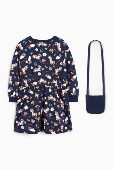 Kinderen: meisjes - Eenhoorn - set - sweatjurk en tasje - 2-delig - donkerblauw