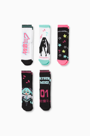 Enfants - Lot de 5 paires - Hatsune Miku - chaussettes à motif - noir