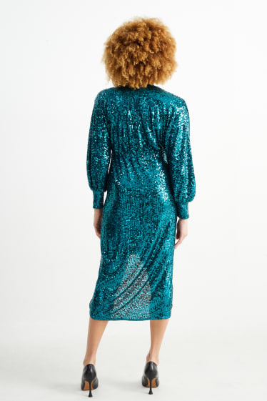 Dámské - Pajetkové šaty s výstřihem ve tvaru V - s třpytivými efekty - zelená