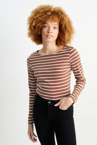 Women - Basic long sleeve top - striped - brown