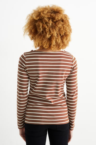 Women - Basic long sleeve top - striped - brown