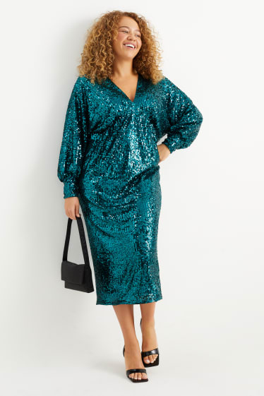 Dames - Jurk met pailletten - glanseffect - turquoise