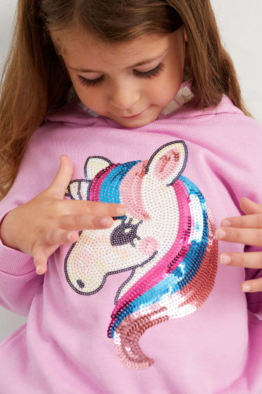 Dětské - Motiv jednorožce - mikina s kapucí - s lesklou aplikací - růžová