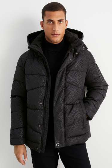 Heren - Gewatteerde jas met capuchon - met patroon - zwart