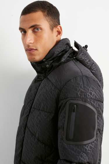 Heren - Gewatteerde jas met capuchon - met patroon - zwart