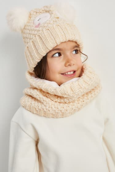 Kinderen: meisjes - Uil - set - gebreide muts en colsjaal - 2-delig - licht beige