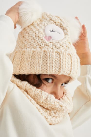 Kinderen: meisjes - Uil - set - gebreide muts en colsjaal - 2-delig - licht beige