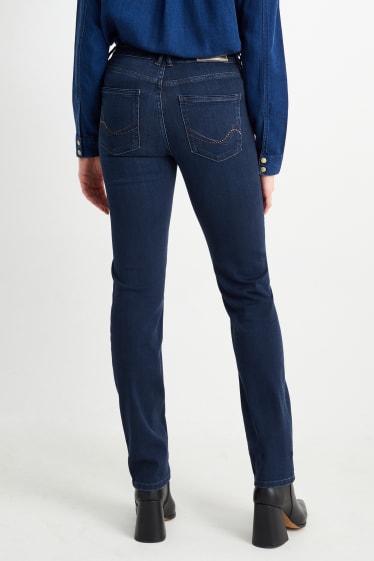 Dámské - Straight jeans se štrasovými kamínky - mid waist - LYCRA® - džíny - tmavomodré