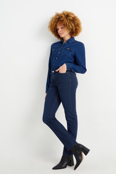 Femmes - Straight jean orné de pierres décoratives - mid waist - LYCRA® - jean bleu foncé